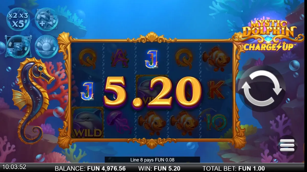 Mystic Dolphin Charge Up slot gameplay interface featuring underwater theme