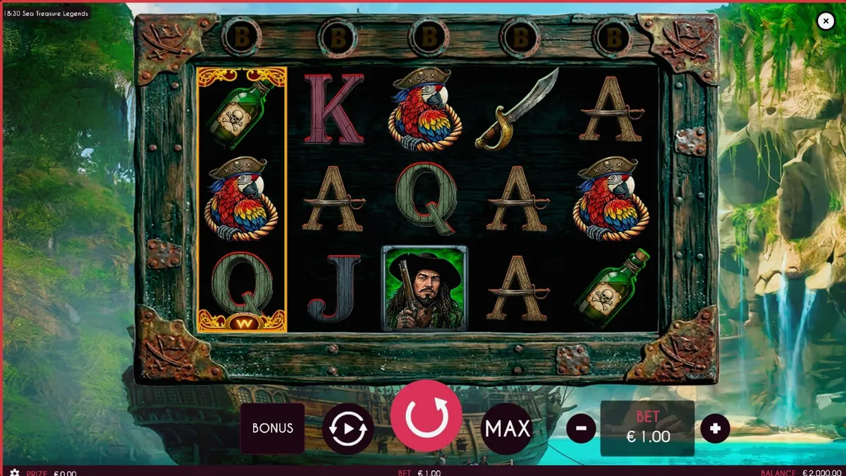 Tampilan antarmuka mobile game slot Sea Treasures Legend dengan tema bajak laut