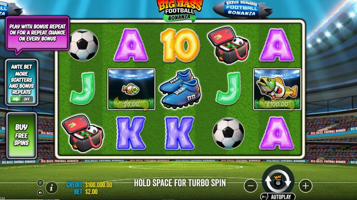 Tampilan visual slot Big Bass Football Bonanza dengan tema lapangan sepak bola dan elemen memancing